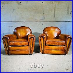 Stunning Pair of Vintage English Tan Leather Club Chairs Classic Design