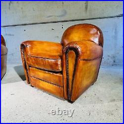 Stunning Pair of Vintage English Tan Leather Club Chairs Classic Design