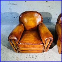 Stunning Pair of Vintage English Tan Leather Club Chairs Classic Design