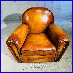 Stunning Pair of Vintage English Tan Leather Club Chairs Classic Design