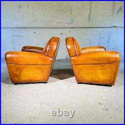 Stunning Pair of Vintage English Tan Leather Club Chairs Classic Design