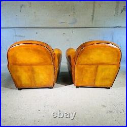 Stunning Pair of Vintage English Tan Leather Club Chairs Classic Design