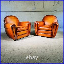 Stunning Pair of Vintage English Tan Leather Club Chairs Classic Design #A323