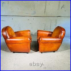 Stunning Pair of Vintage English Tan Leather Club Chairs Classic Design #A323