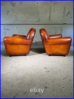 Stunning Pair of Vintage English Tan Leather Club Chairs Classic Design #A323