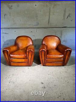 Stunning Pair of Vintage English Tan Leather Club Chairs Classic Design #A323