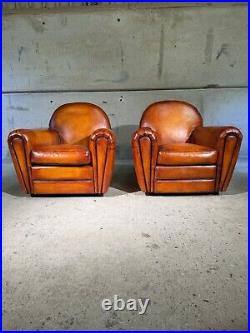 Stunning Pair of Vintage English Tan Leather Club Chairs Classic Design #A323