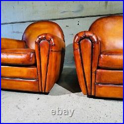 Stunning Pair of Vintage English Tan Leather Club Chairs Classic Design #A323