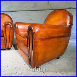 Stunning Pair of Vintage English Tan Leather Club Chairs Classic Design #A323