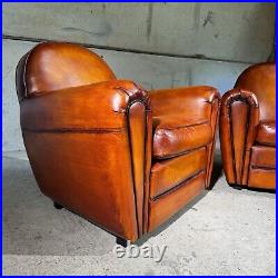 Stunning Pair of Vintage English Tan Leather Club Chairs Classic Design #A323