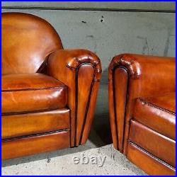 Stunning Pair of Vintage English Tan Leather Club Chairs Classic Design #A323