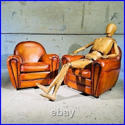 Stunning Pair of Vintage English Tan Leather Club Chairs Classic Design #A323