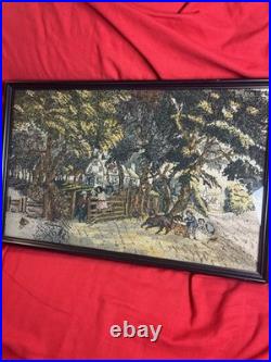 TAPESTRY Rug Textile Framed Country Cottage FARM Village Vintage English Antique