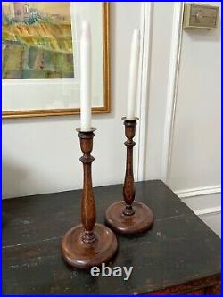 Tall Pair Antique Vintage English Oak Art Nouveau Turned Candlesticks Elegant