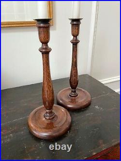 Tall Pair Antique Vintage English Oak Art Nouveau Turned Candlesticks Elegant