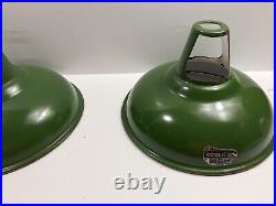 Three Old Vintage Industrial English Green Enamel Pendant Shades by Coolicon
