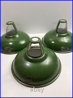 Three Old Vintage Industrial English Green Enamel Pendant Shades by Coolicon