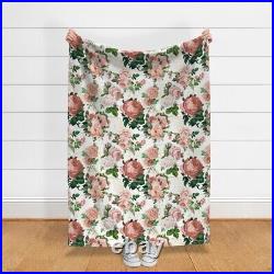 Throw Blanket Vintage English Rose Pink Flower White Floral Antique 48 x 70in