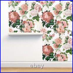 Traditional Wallpaper Vintage English Rose Pink Flower White Floral Antique