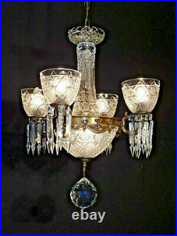 VINTAGE 4 Arm 5 Lite Waterford Style Crystal Globe Brass Chandelier (Pair Avail)