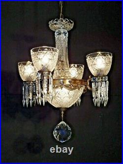 VINTAGE 4 Arm 5 Lite Waterford Style Crystal Globe Brass Chandelier (Pair Avail)