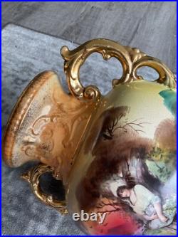 VINTAGE ANTIQUE English porcelain 2 handle decorative gilded vase circa1850-1900