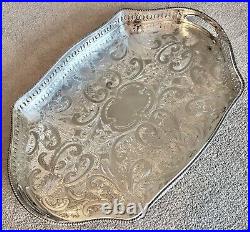 VINTAGE English Silver Plated Oval Gallery Tea Drinks Serving Butlers Tray