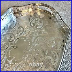 VINTAGE English Silver Plated Oval Gallery Tea Drinks Serving Butlers Tray