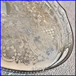 VINTAGE English Silver Plated Oval Gallery Tea Drinks Serving Butlers Tray