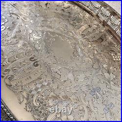 VINTAGE English Silver Plated Oval Gallery Tea Drinks Serving Butlers Tray