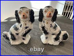 Vintage 1850 Black White English Staffordshire Comforter Spaniel Dog Pair Rare