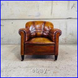Vintage 1920 English Country House Tan Leather Armchair Sprung Base #A693