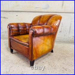 Vintage 1920 English Country House Tan Leather Armchair Sprung Base #A693