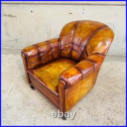 Vintage 1920 English Country House Tan Leather Armchair Sprung Base #A693