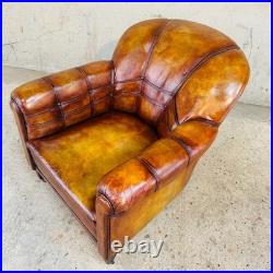 Vintage 1920 English Country House Tan Leather Armchair Sprung Base #A693
