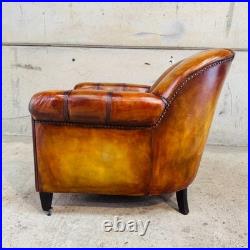 Vintage 1920 English Country House Tan Leather Armchair Sprung Base #A693