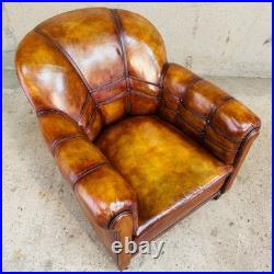 Vintage 1920 English Country House Tan Leather Armchair Sprung Base #A693
