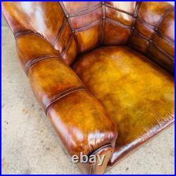 Vintage 1920 English Country House Tan Leather Armchair Sprung Base #A693
