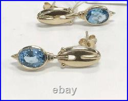 Vintage 1920's English Design 14KT YG Antiqued Blue Topaz Dangle Earrings 2.2 Gr