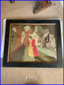 Vintage 19th Century Framed English Mourning Woolwork Picture On Fabric