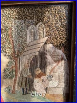 Vintage 19th Century Framed English Mourning Woolwork Picture On Fabric