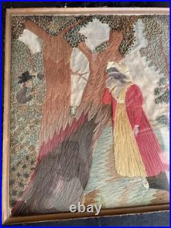 Vintage 19th Century Framed English Mourning Woolwork Picture On Fabric