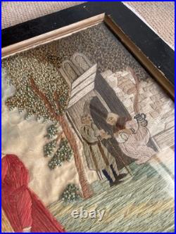 Vintage 19th Century Framed English Mourning Woolwork Picture On Fabric