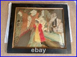 Vintage 19th Century Framed English Mourning Woolwork Picture On Fabric