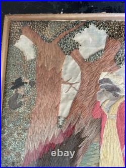 Vintage 19th Century Framed English Mourning Woolwork Picture On Fabric