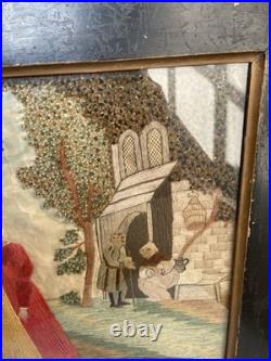 Vintage 19th Century Framed English Mourning Woolwork Picture On Fabric