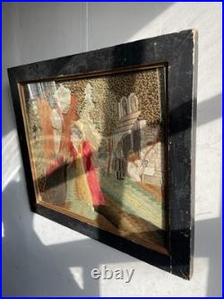 Vintage 19th Century Framed English Mourning Woolwork Picture On Fabric