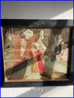 Vintage 19th Century Framed English Mourning Woolwork Picture On Fabric
