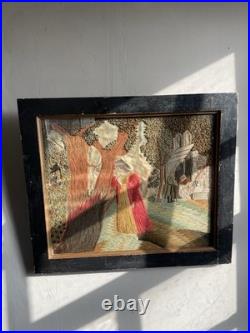 Vintage 19th Century Framed English Mourning Woolwork Picture On Fabric