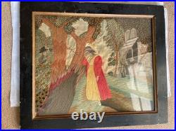 Vintage 19th Century Framed English Mourning Woolwork Picture On Fabric